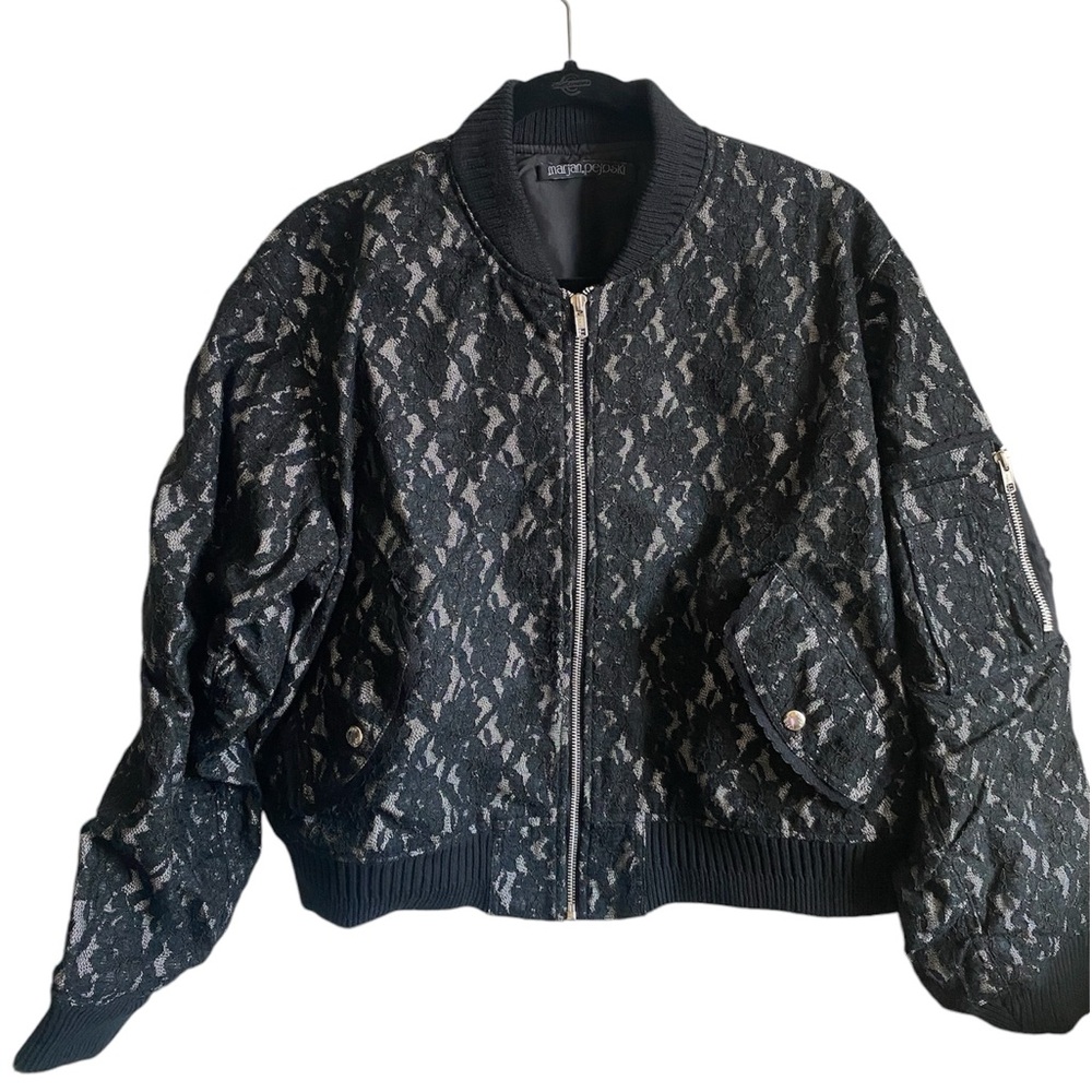 Marjan Pejoski Black Lace Oversized Bomber Jacket Size S